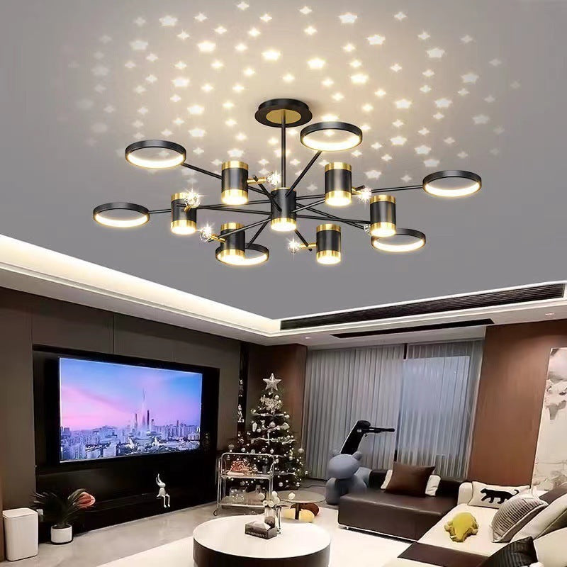 Black and gold 13-light star ceiling chandelier with cylindrical and round shades