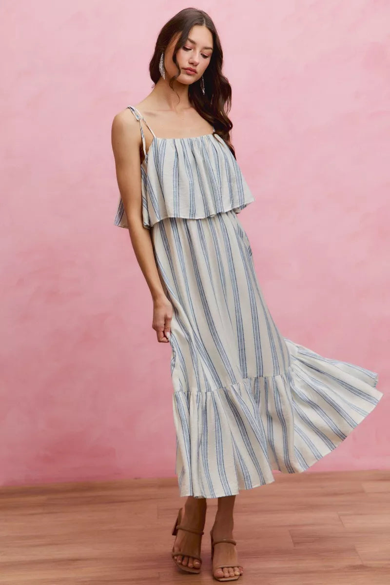 Blue-and-white striped lined midi dress with tiered ruffle bodice and flowing tiered skirt