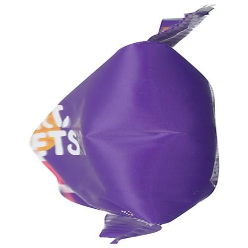 Smartsweets gummy worms candy pouch end, purple bag with partial Smartsweets logo