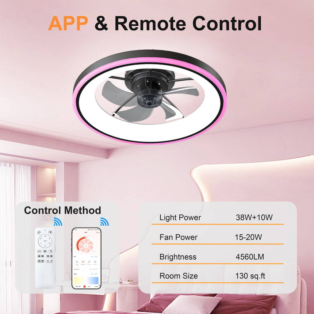Black RGB ceiling fan with LED ring, app control, and remote control