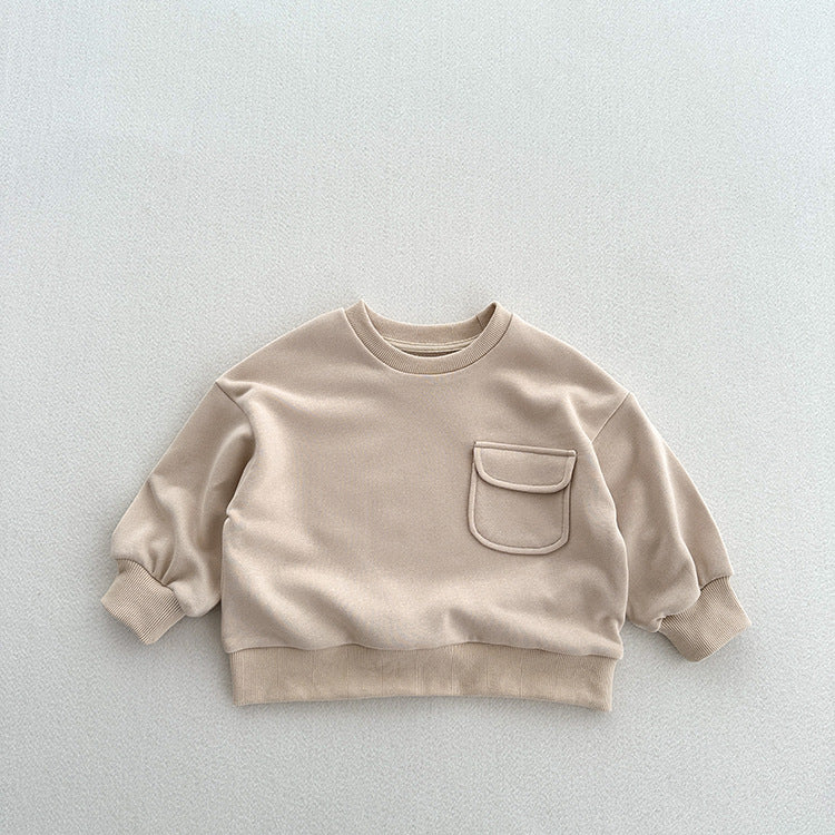 Ivory solid pullover sweatshirt with round neck and front kangaroo pocket