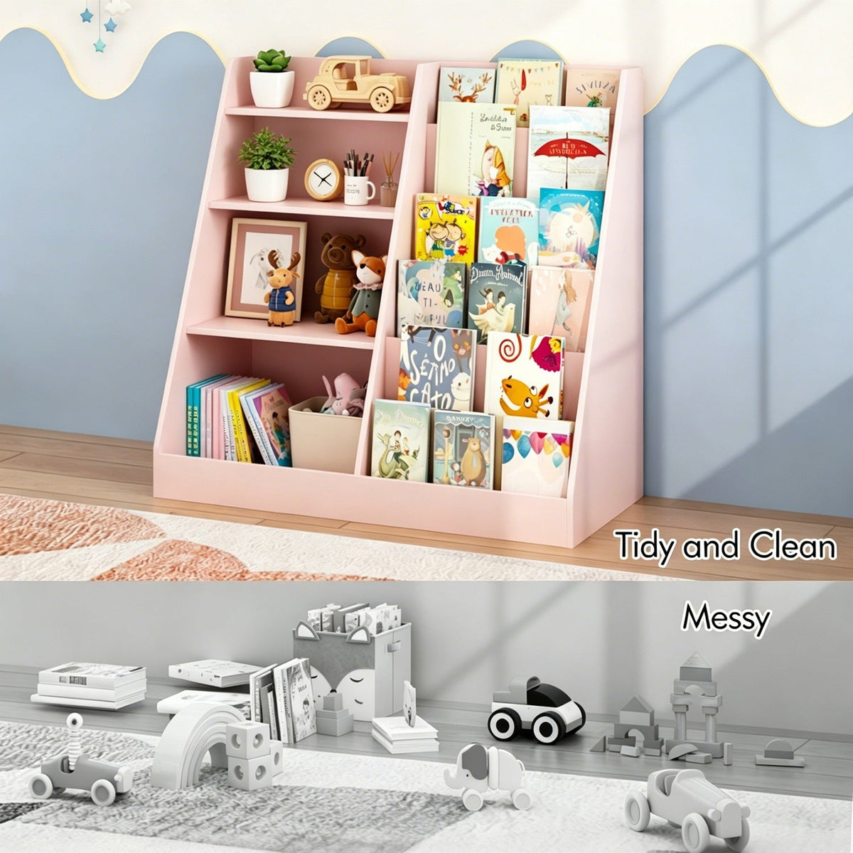 Pink kids bookshelf with toy storage and vertical books in a tidy kids room