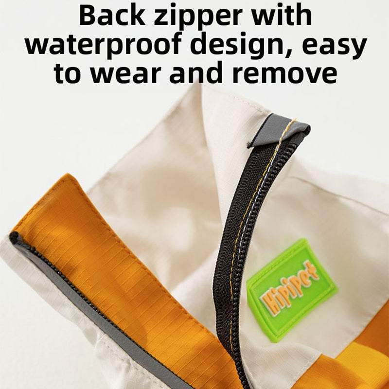 Waterproof dog jumpsuit back zipper with two-tone fabric and logo patch