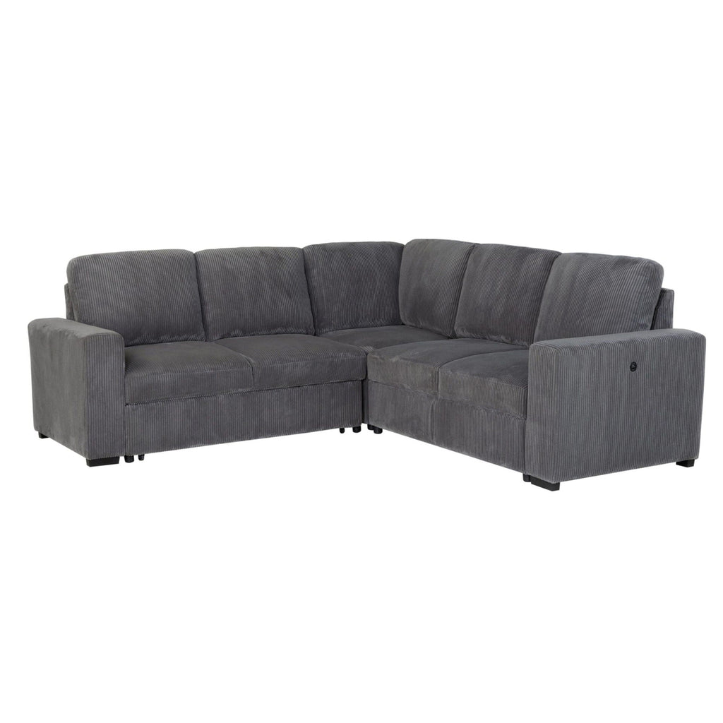 Dark gray sectional sofa with chaise extension and deep padded armrests