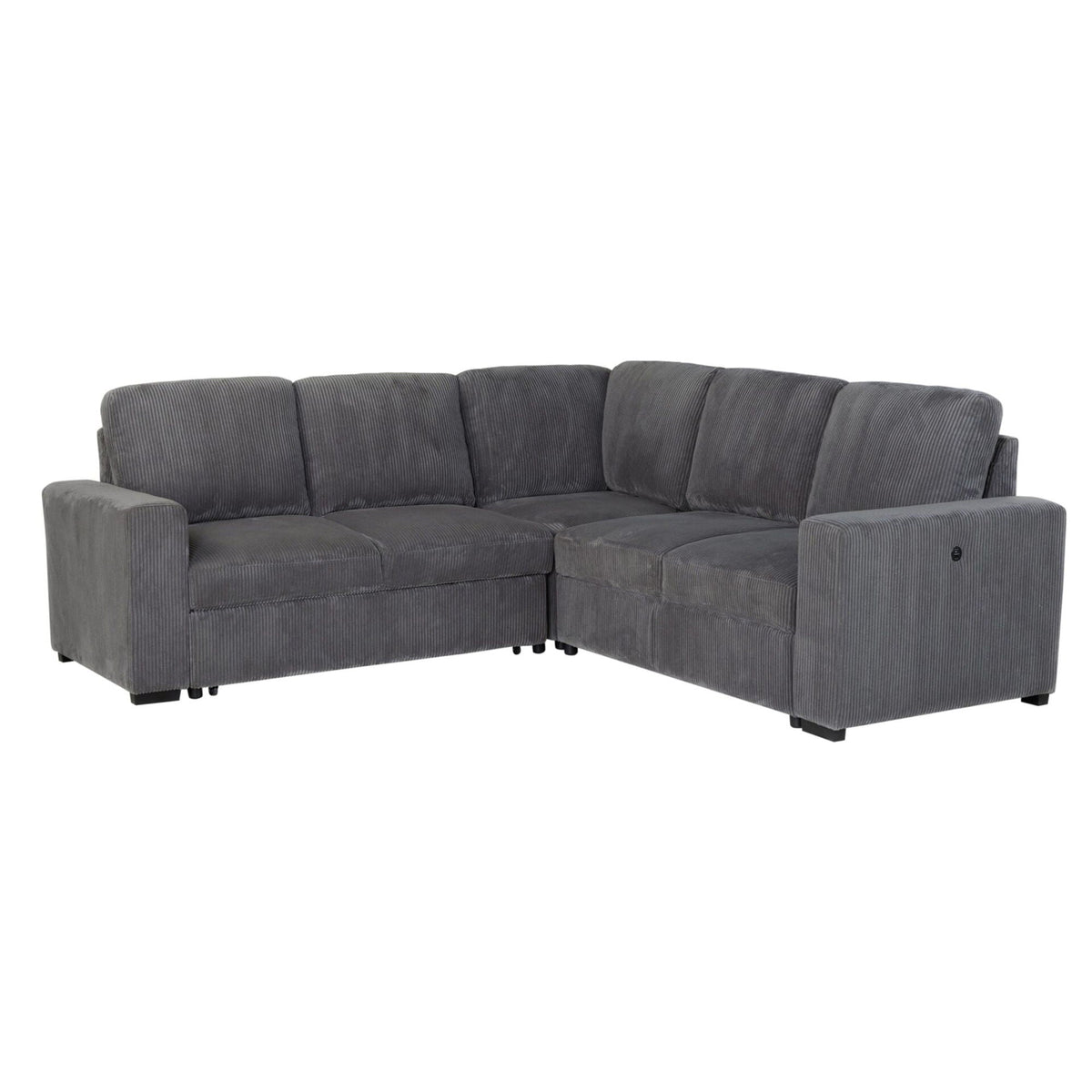Dark gray sectional sofa with chaise extension and deep padded armrests