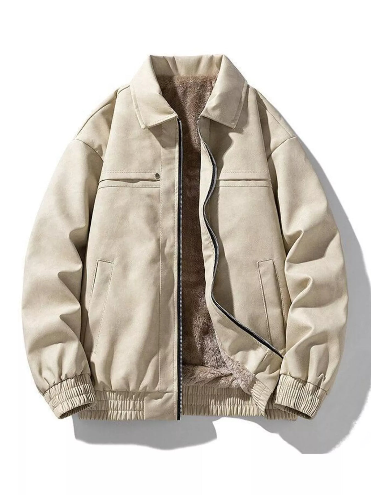 Khaki fleece-lined zip-up jacket with flap pockets and ribbed cuffs