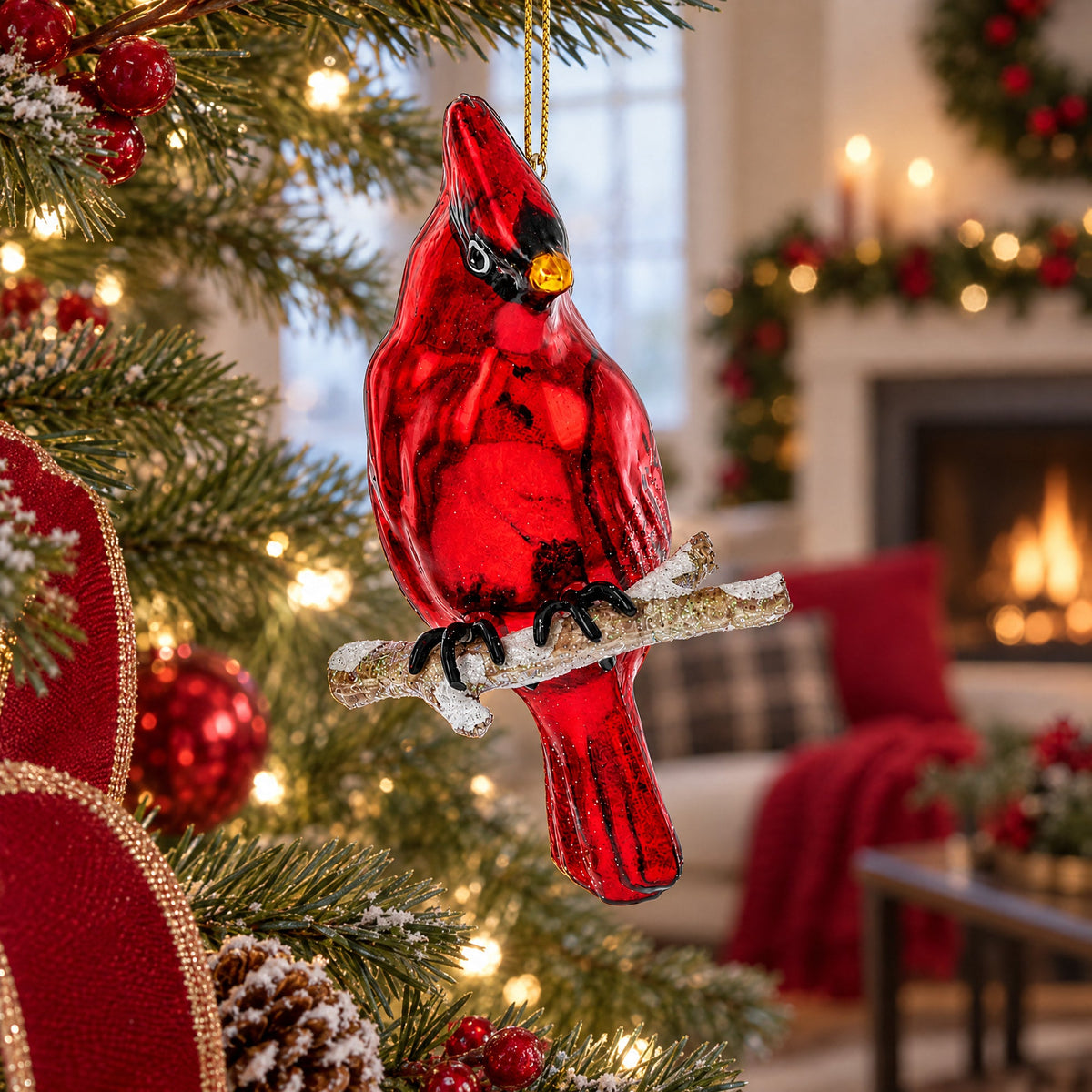 Red cardinal glass Christmas ornament perched on a snowy branch with gold cord.