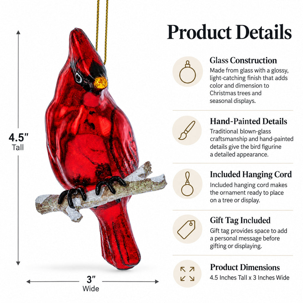 Red cardinal blown glass ornament on a glittery branch with gold hanging loop.