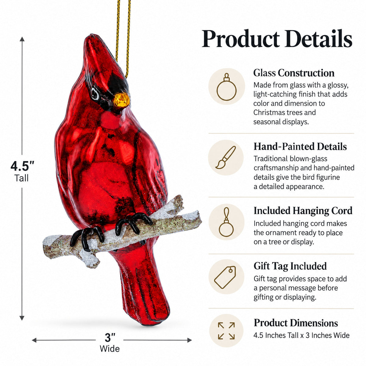 Red cardinal blown glass ornament on a glittery branch with gold hanging loop.
