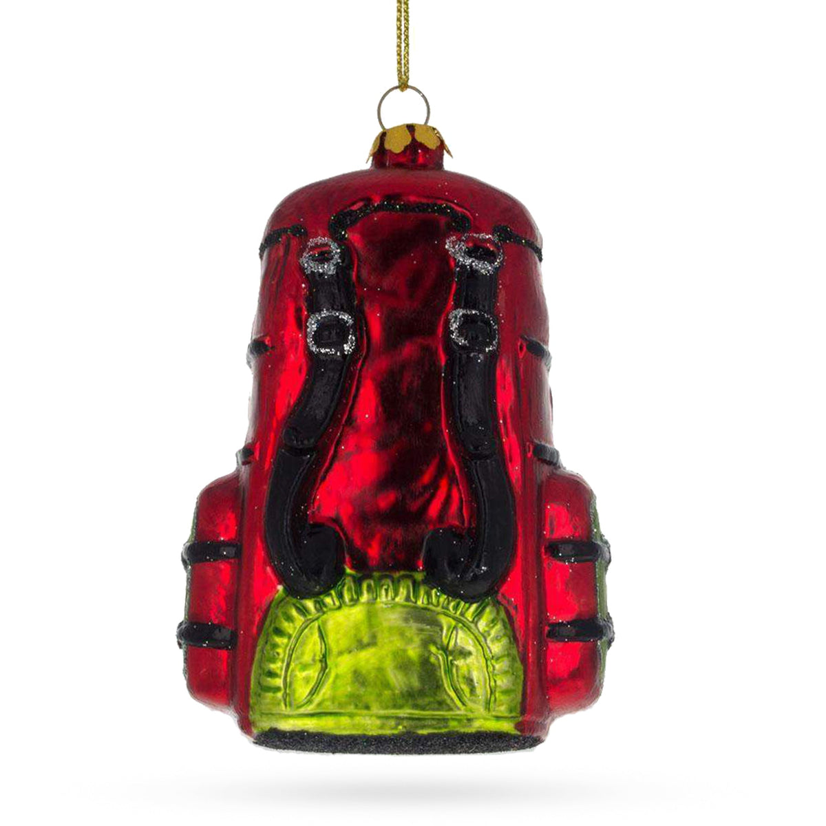 Front view red and green glass backpack ornament with black straps