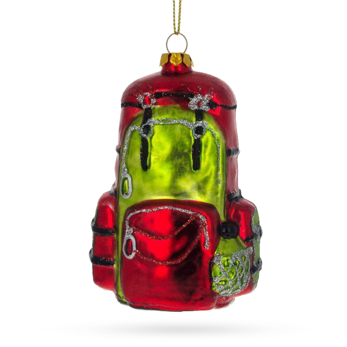 Red and green glass backpack Christmas ornament with gold hanging loop