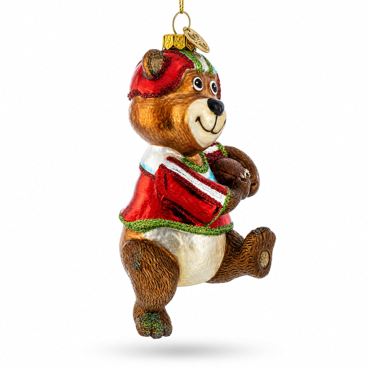 Football-themed bear glass Christmas ornament, side view with red helmet and gold hanger