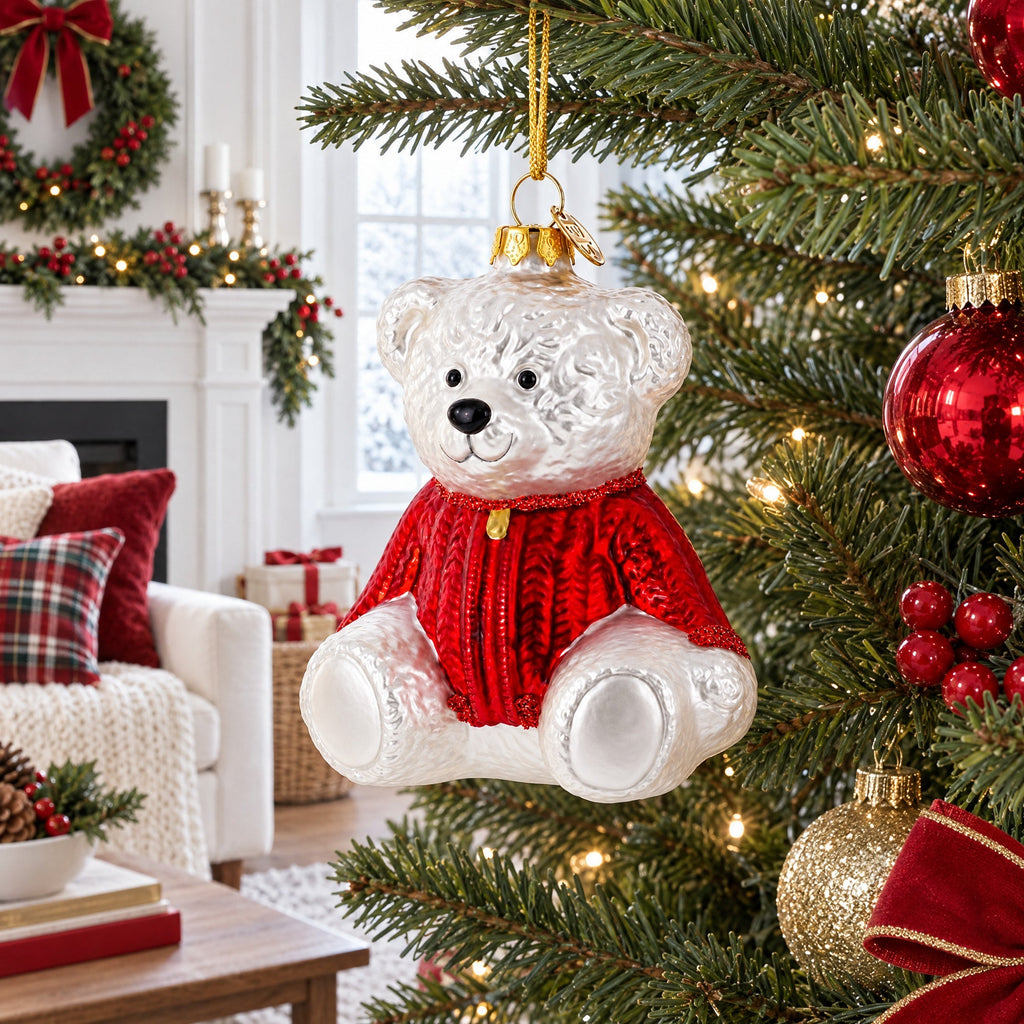 White teddy bear glass ornament in a red sweater on a Christmas tree, gold hanging hook
