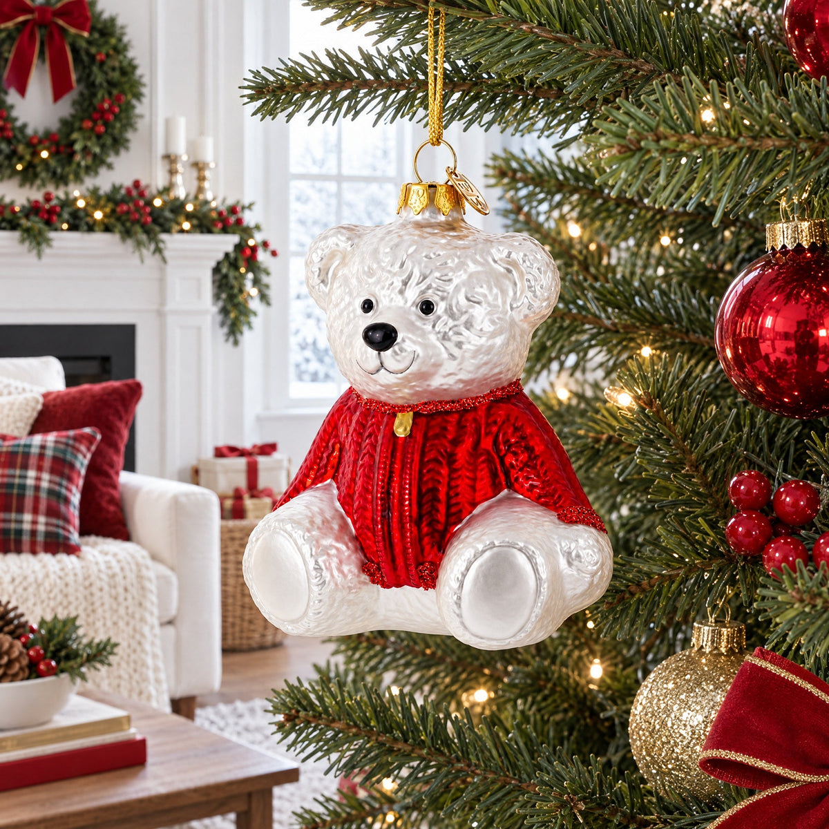 White teddy bear glass ornament in a red sweater on a Christmas tree, gold hanging hook