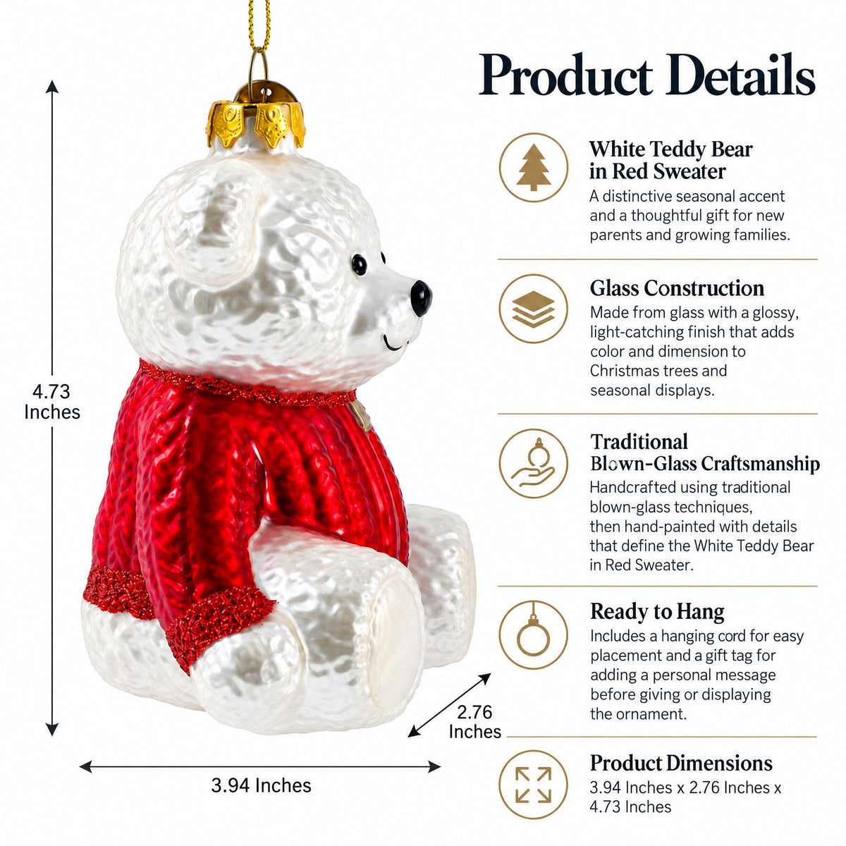 White teddy bear glass ornament in a red sweater, side view with gold hanging loop