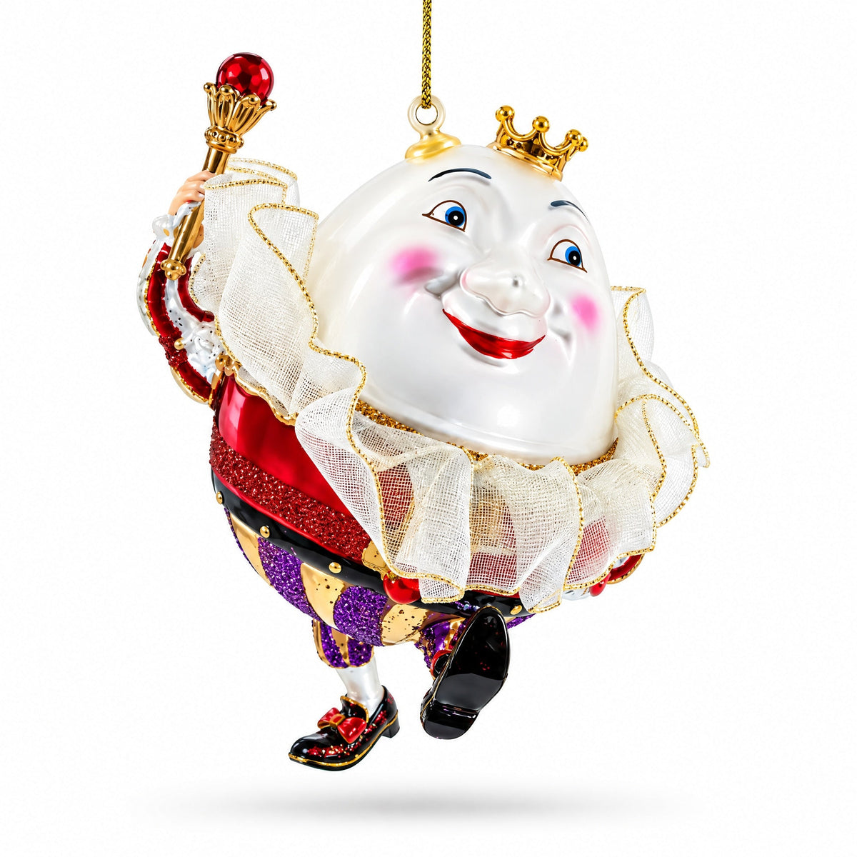 Glass king egg Christmas ornament, white with gold crown, red cape, purple glitter pants