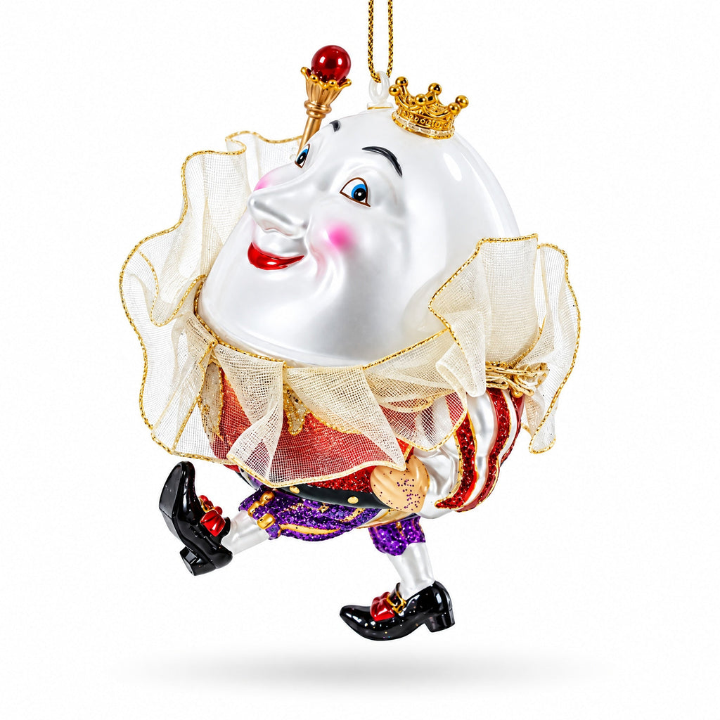 Glass king egg ornament, side view: smiling white face, gold crown, red vest, purple glitter