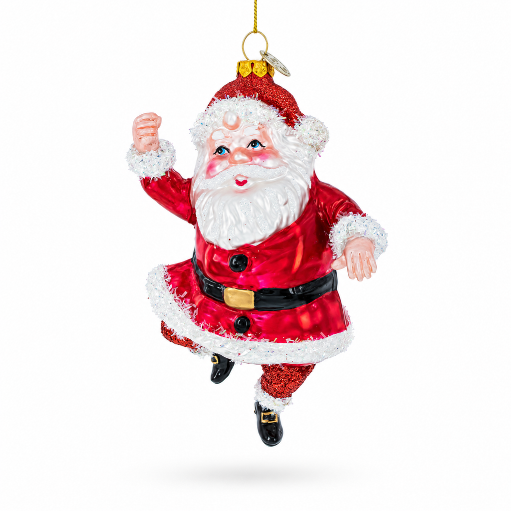 Santa glass Christmas ornament, red coat, white beard, black belt, raised hand