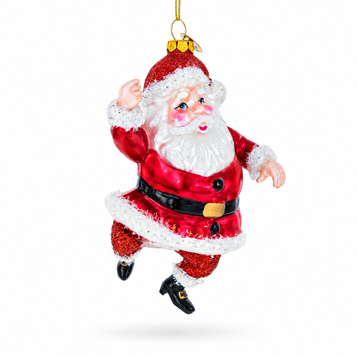 Santa glass Christmas ornament, red suit, white fur trim, black belt, gold buckle