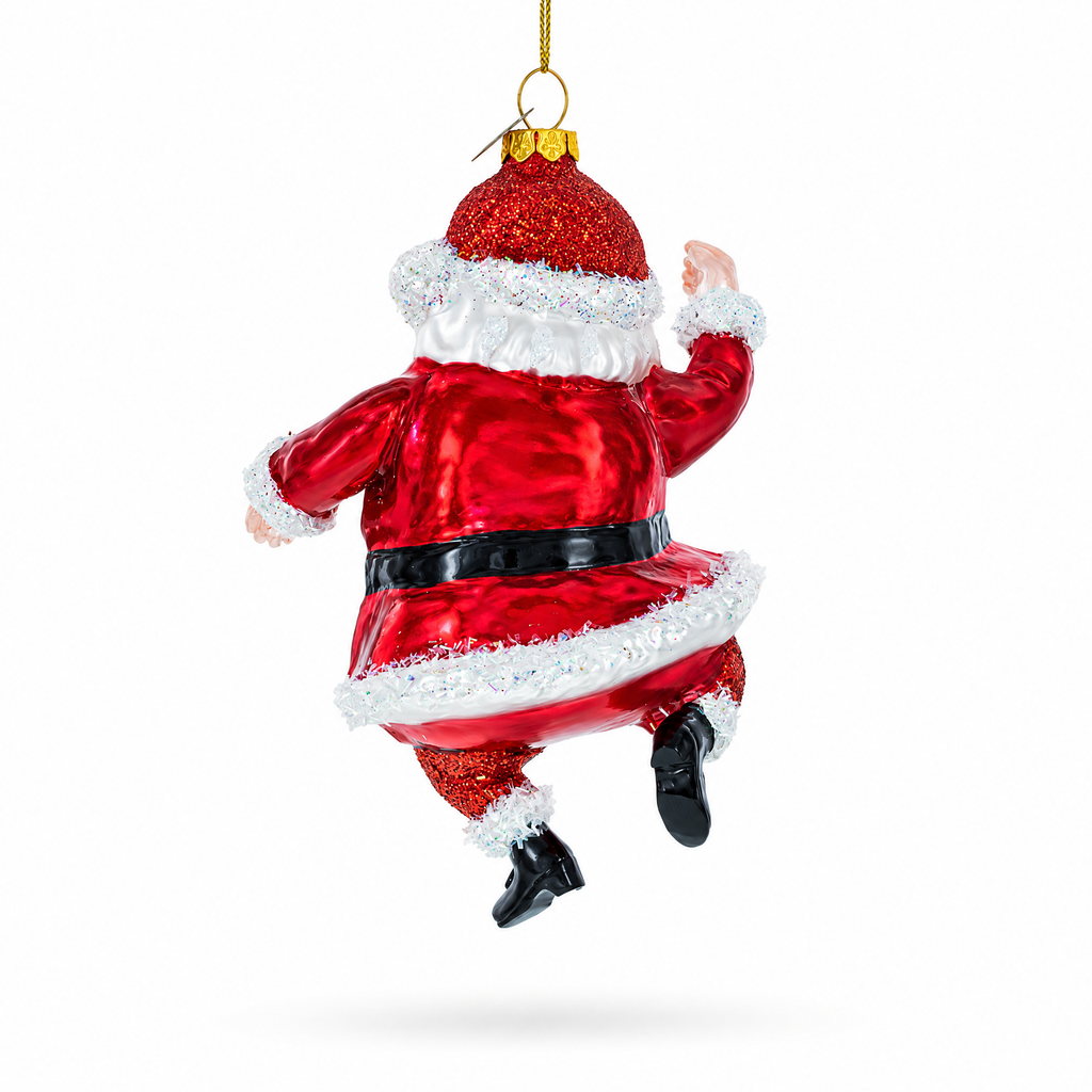 Santa glass Christmas ornament, red coat back view, white trim, gold hanging loop