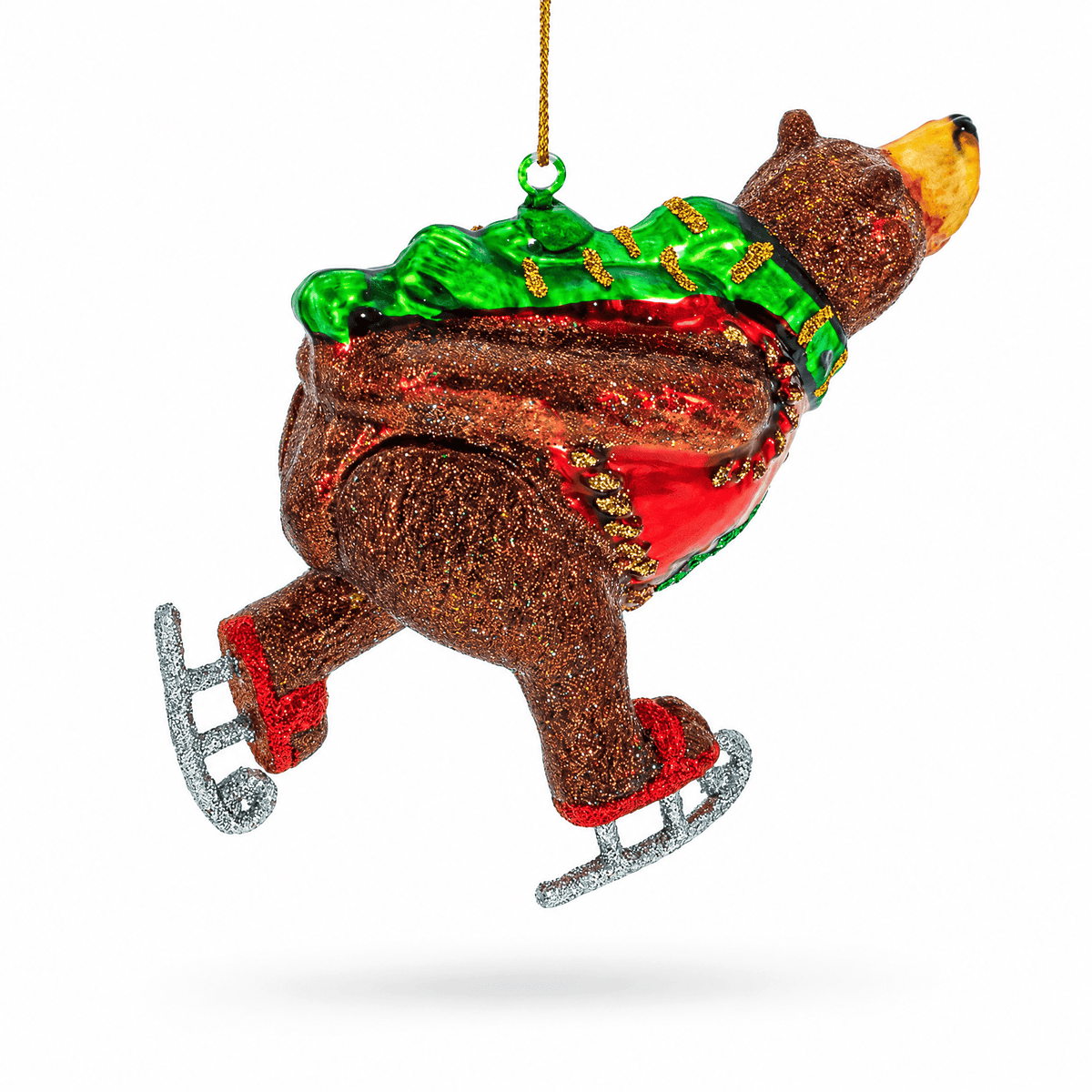 Skating bear glass ornament, green jacket and red scarf, hanging gold loop, ice skates