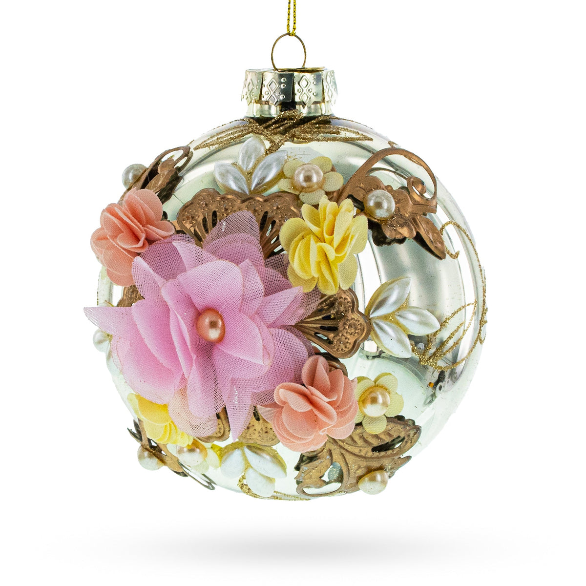 Glass Christmas ornament ball with pink and yellow fabric flowers and gold accents