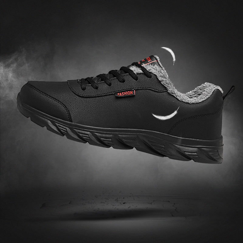 Men's black winter sneaker with swoosh-style logo, fuzzy collar and lace-up closure.