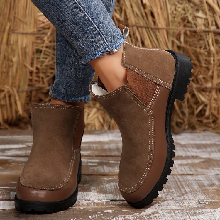 Light brown platform ankle boots, pull-on boots with elastic side panels