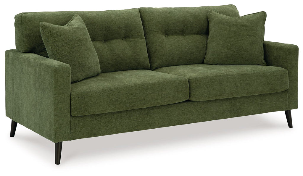 Upholstered 2-seat sofa in green fabric with square arms and tapered dark legs