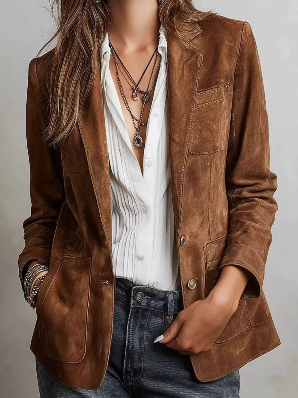 Plus size slim-fit suede long-sleeve blazer in brown, notch lapel and button front