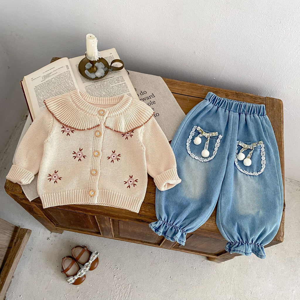 Stone powder knitted baby coat with Peter Pan collar, floral embroidery and button placket