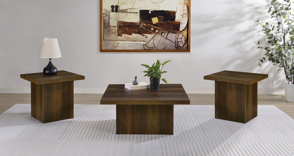 Square coffee table and two end tables in dark pine finish, shown together.