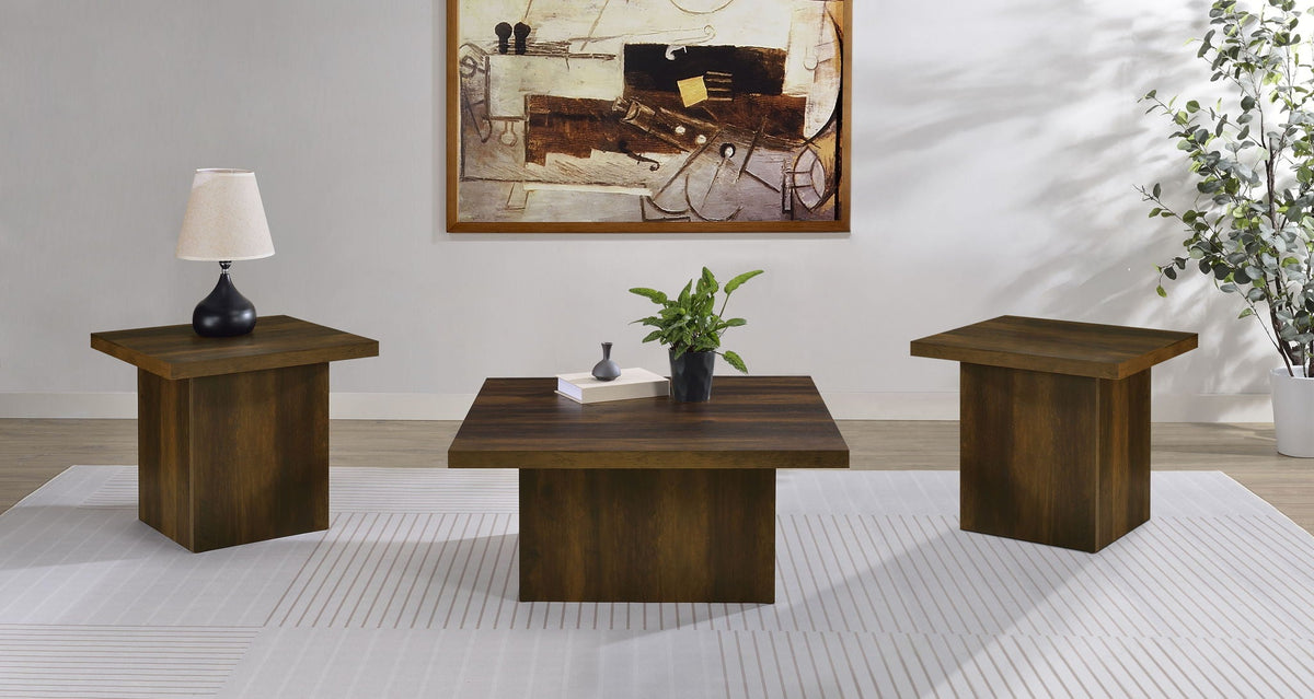 Square coffee table and two end tables in dark pine finish, shown together.