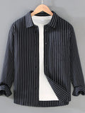 Black striped button-up long-sleeve shirt with button placket and point collar