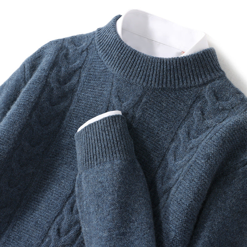 Men's wool half turtleneck cable knit sweater, dark blue-gray, ribbed collar and cuffs