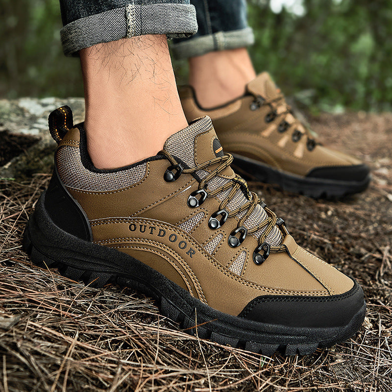 Men's tan hiking sneakers with black toe trim, lace-up low-top and rugged outsole