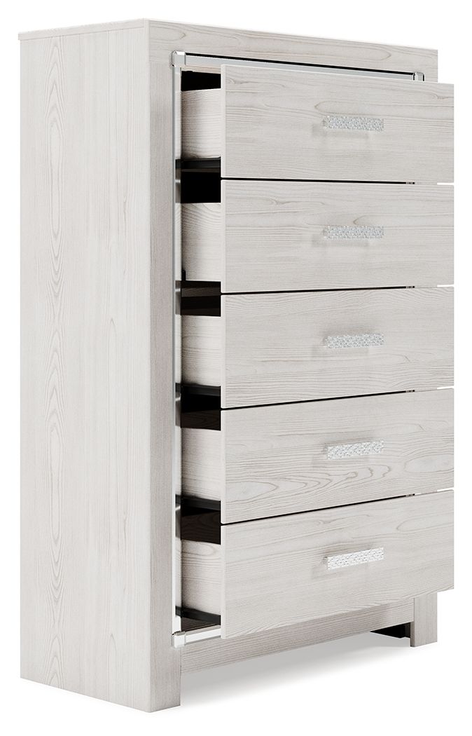 White chest of drawers with open drawers and silver bar pulls