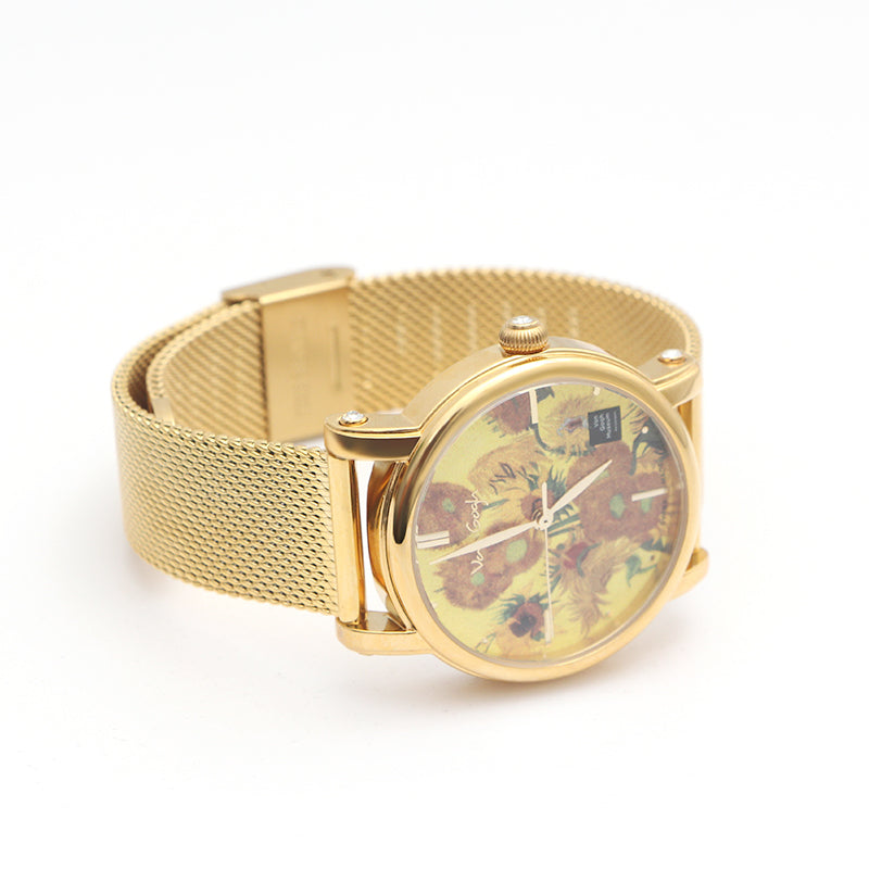 Gold-tone quartz watch with gold mesh strap and sunflower art dial, round case