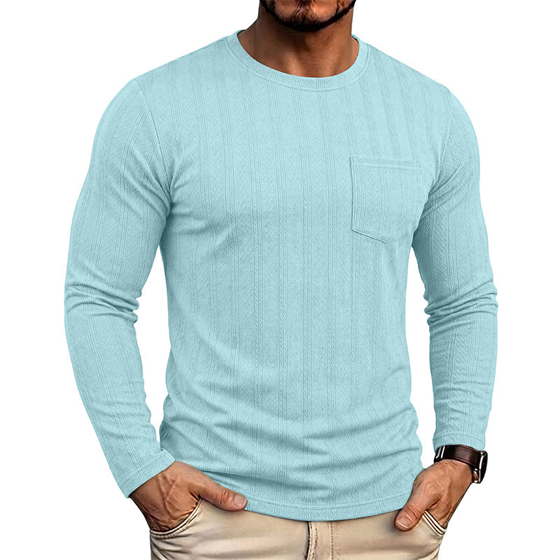 Men's sky-blue jacquard knit crew-neck sweater with long sleeves and chest pocket
