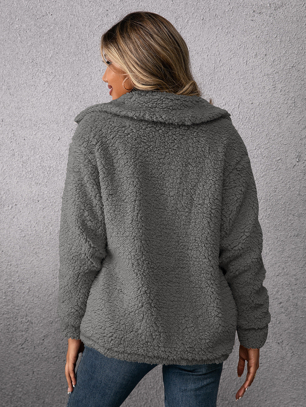 Grey fleece button-up coat with lapels and back view; long sleeves