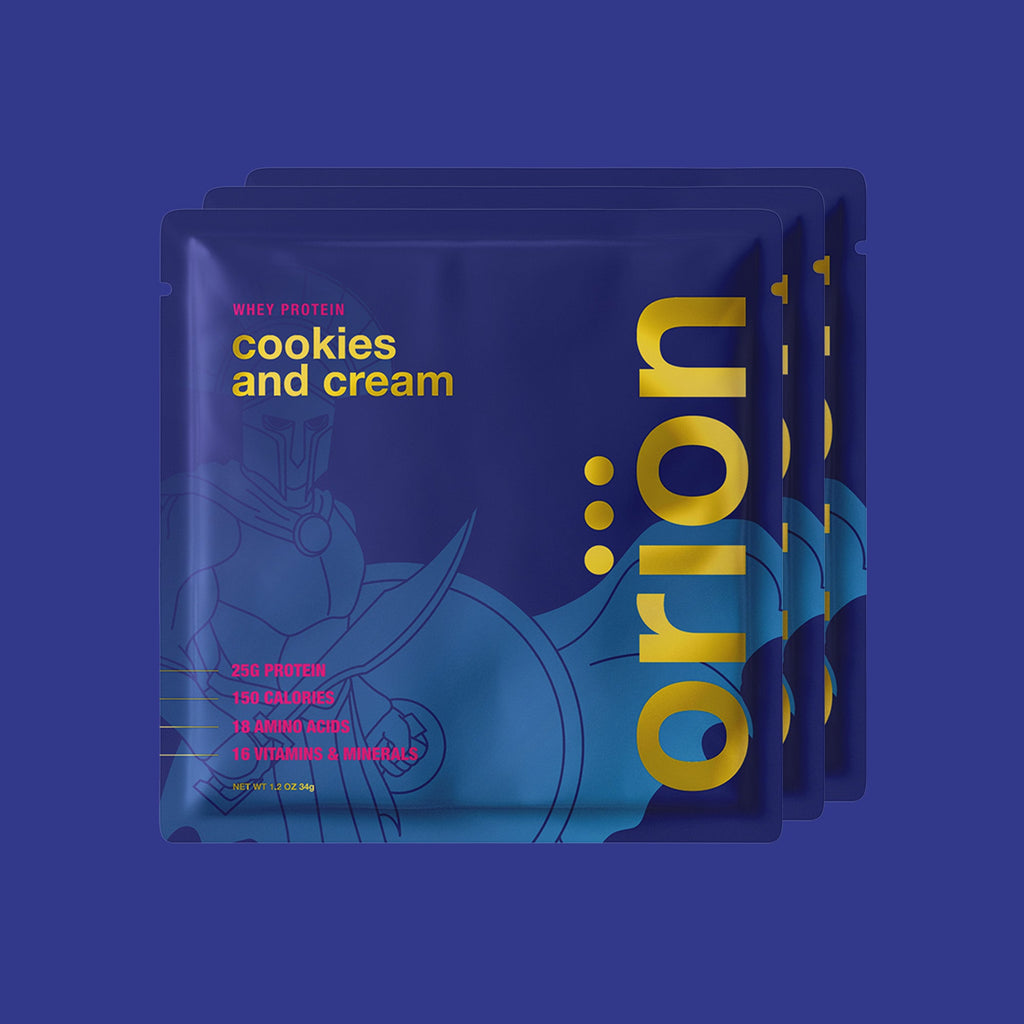 Blue protein sample packs labeled cookies and cream
