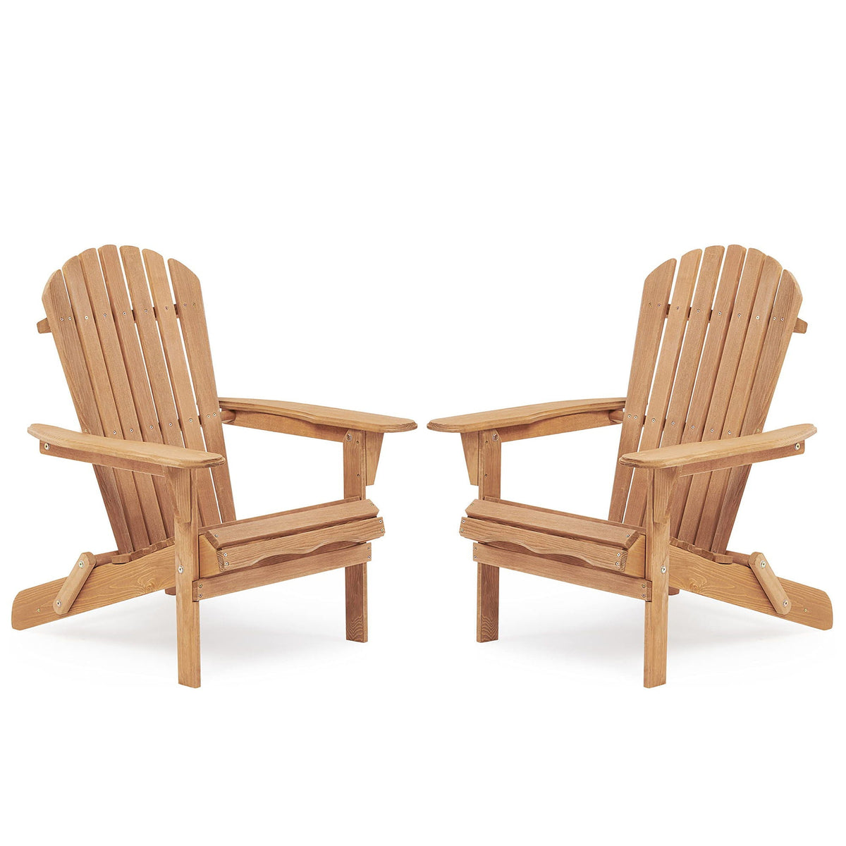 Set of 2 wooden folding adirondack chairs, warm light brown slatted backrests