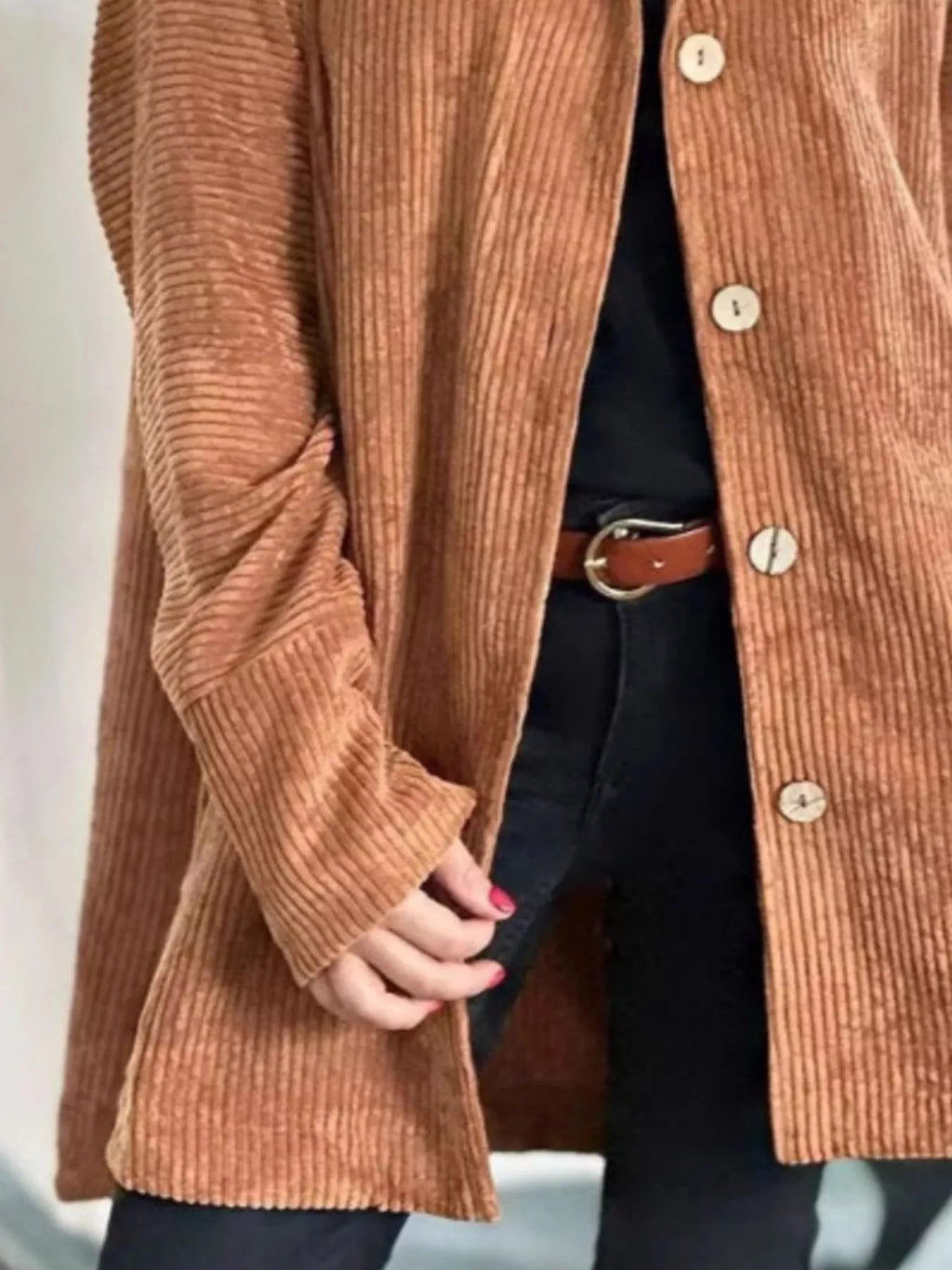 Plus-size corduroy hooded button-up jacket, tan brown, long sleeves, button placket
