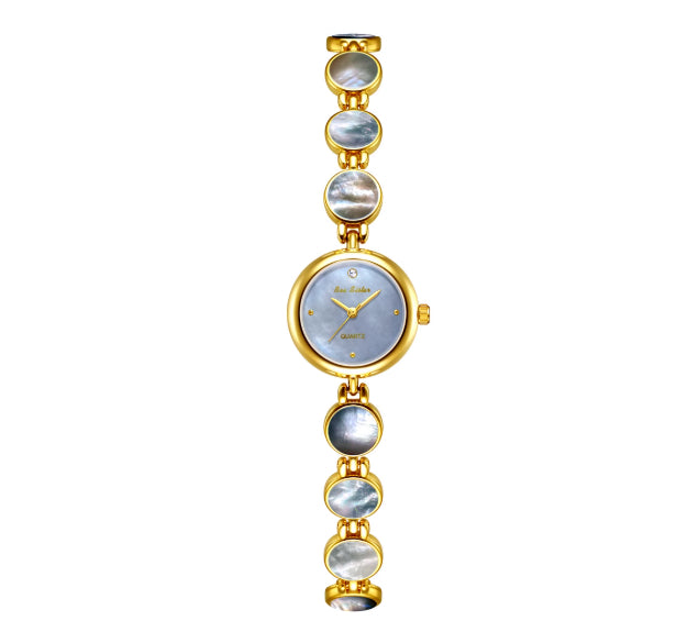 Gold watch bracelet with blue enamel-like oval links and round clock face