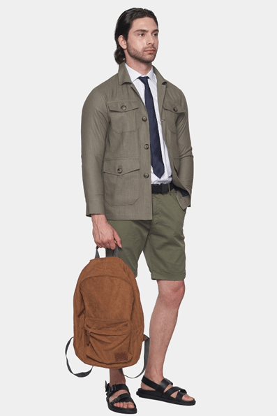Olive slim safari coat with stand collar, four pockets, and button closures