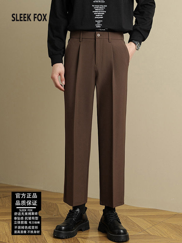 Men's brown draped straight suit pants with front pleats and button waist