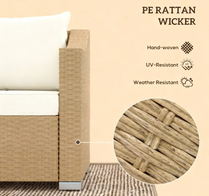 PE rattan wicker sofa arm with woven texture and white cushion