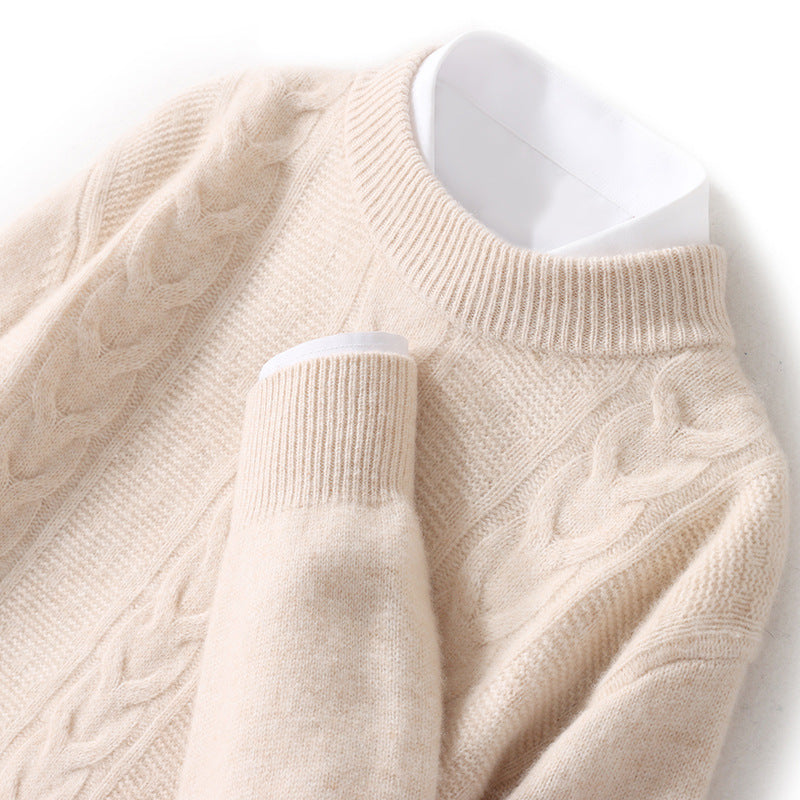 Men's wool half turtleneck cable knit sweater, cream knit texture and ribbed collar