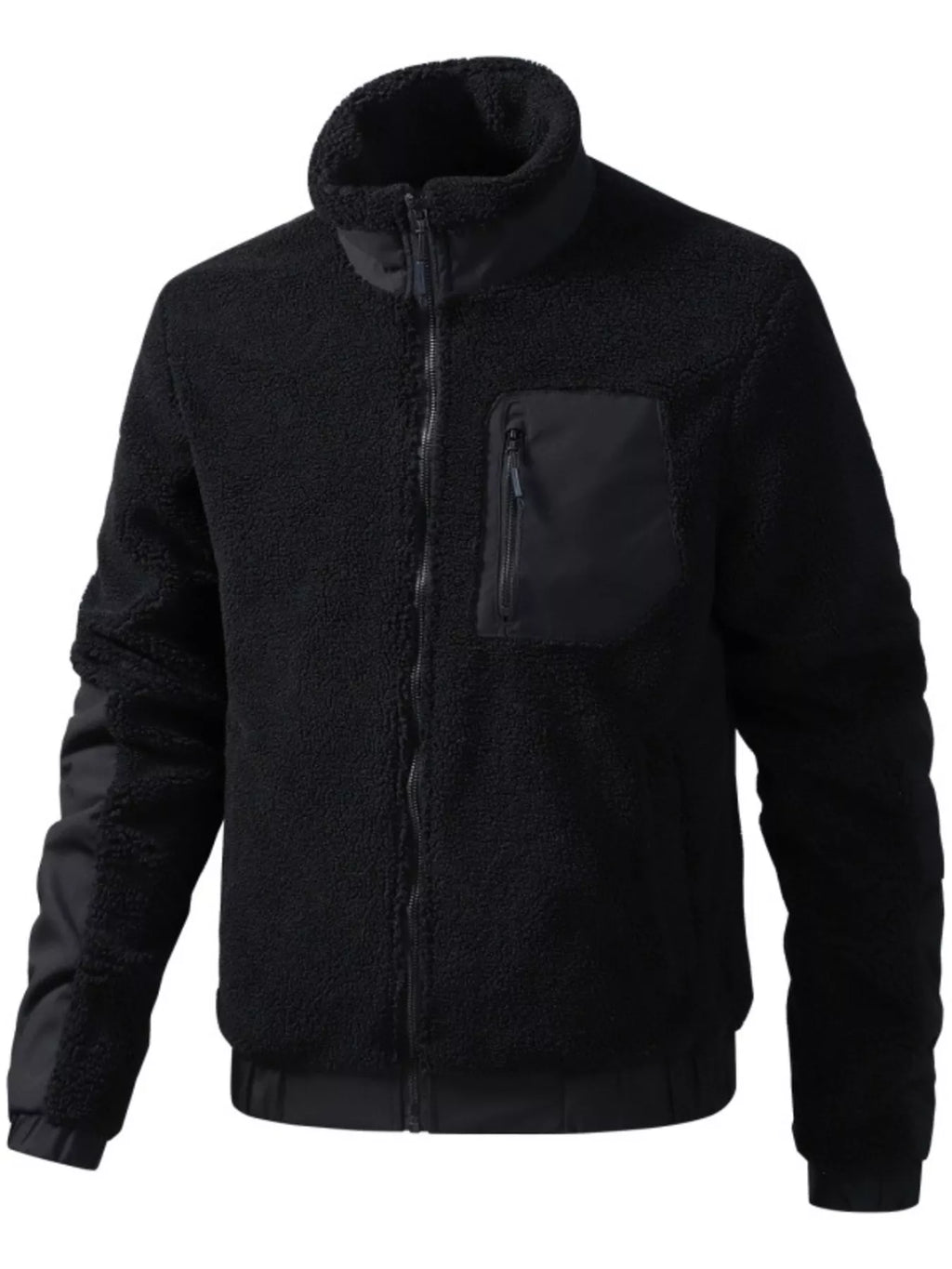 Men's sherpa fleece zip-up jacket, black, stand collar, chest pocket, ribbed cuffs