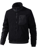 Men's sherpa fleece zip-up jacket, black, stand collar, chest pocket, ribbed cuffs